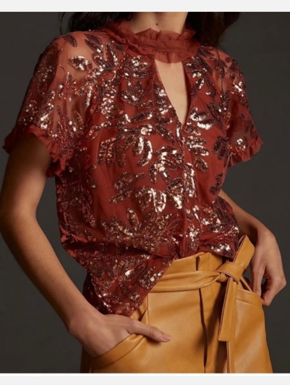 Anthropologie Burnt Orange Cutout Sequin Top Medium NWT